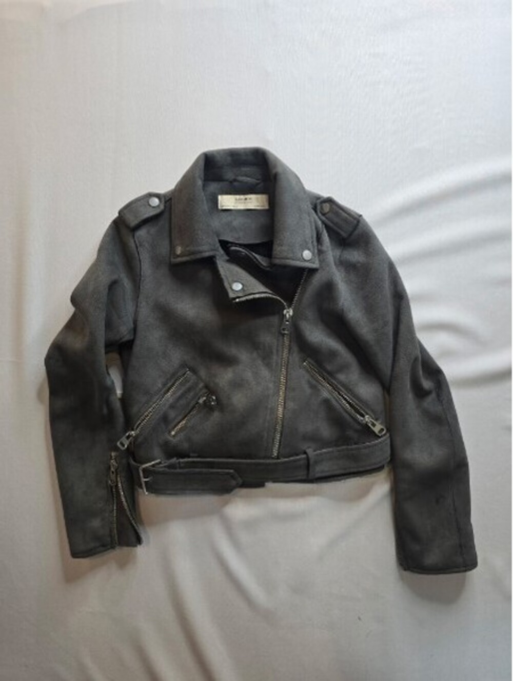 Zara Basic Faux Suede Cropped Moto Biker Jacket Gray Belted Womens Size Small S